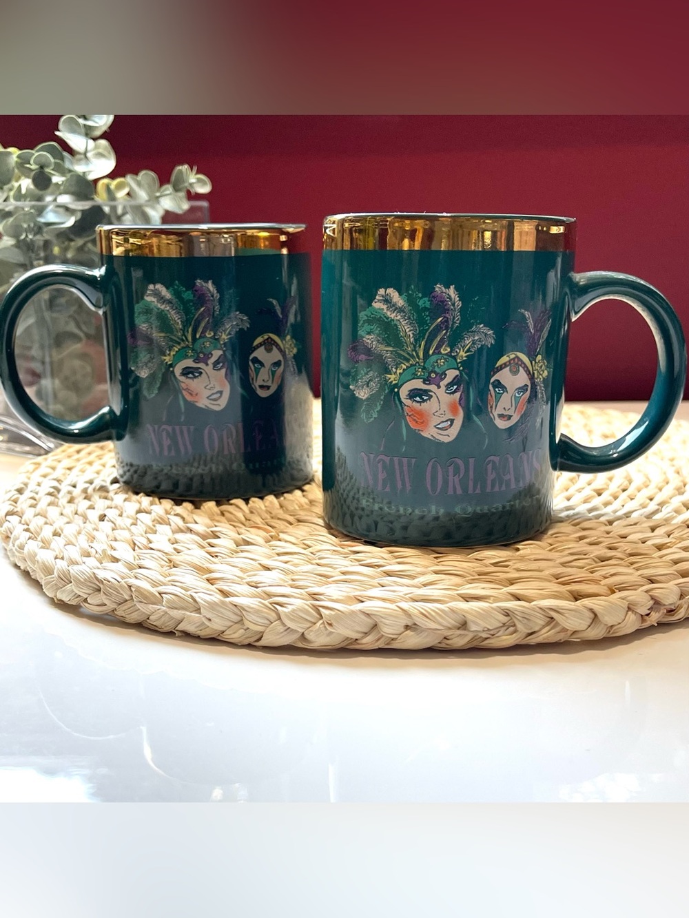 Vintage 90s New Orleans Mardi Gras Green and Gold Ceramic Mugs Collectible